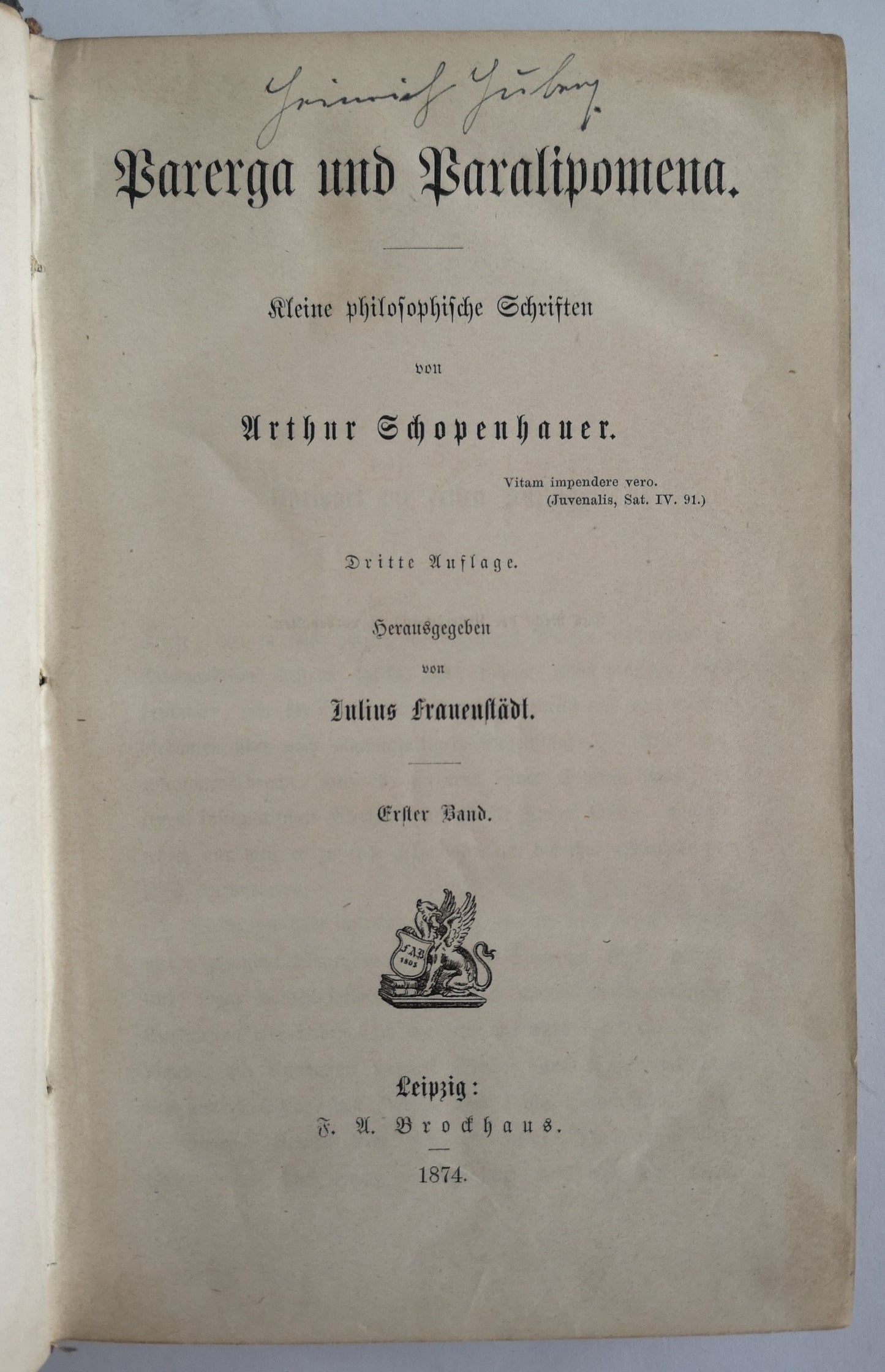 Arthur Schopenhauer - Parerga und Paralipomena 1874